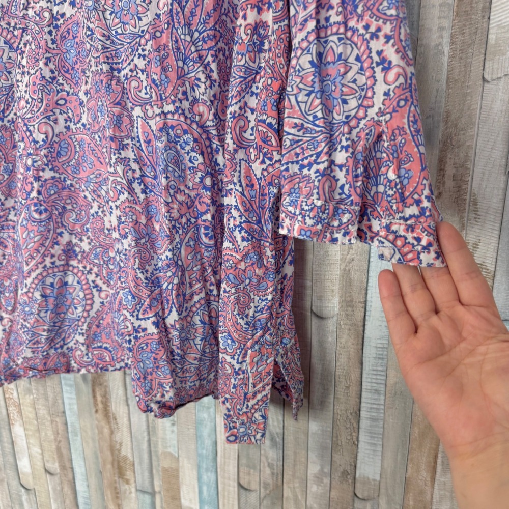 Talbots 3X Pink Blue Paisley 100% Cotton Tunic Blouse 3/4 Sleeve V-Neck Top - Picture 3 of 8
